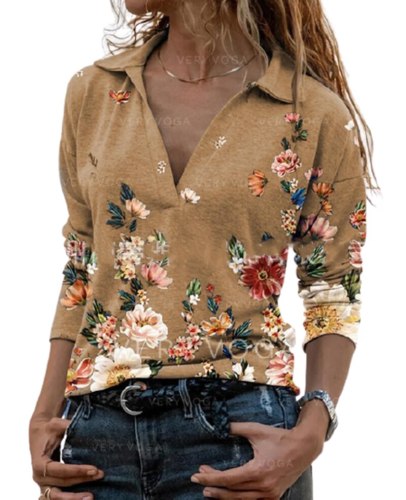 Fashion Lapel Flowers Print Pullover Tops Casual Women Autumn Long Sleeve