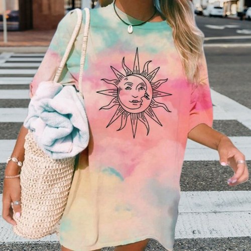 Tie-dye Sun Print Female T-shirt O Neck Pullover
