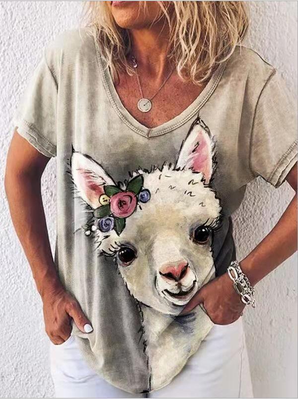 Summer new short sleeve retro lamb V-neck T-shirt