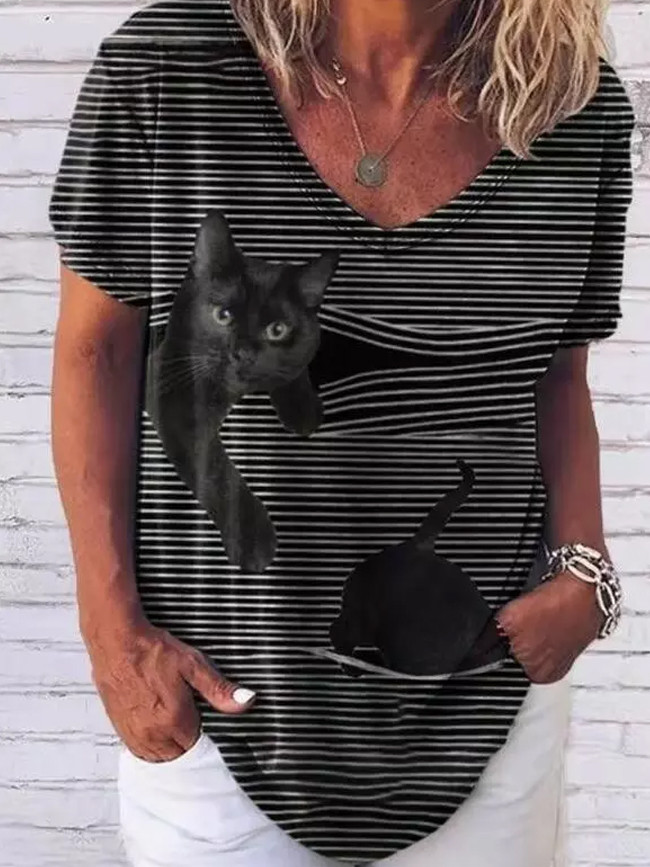 Woman Casual V-neck Cartoon Cat Striped Loose Soft short Sleeve Tops