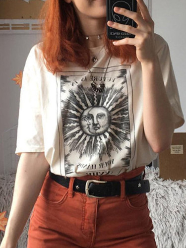 Female T-shirt Sun moon Print Short Sleeve Tops