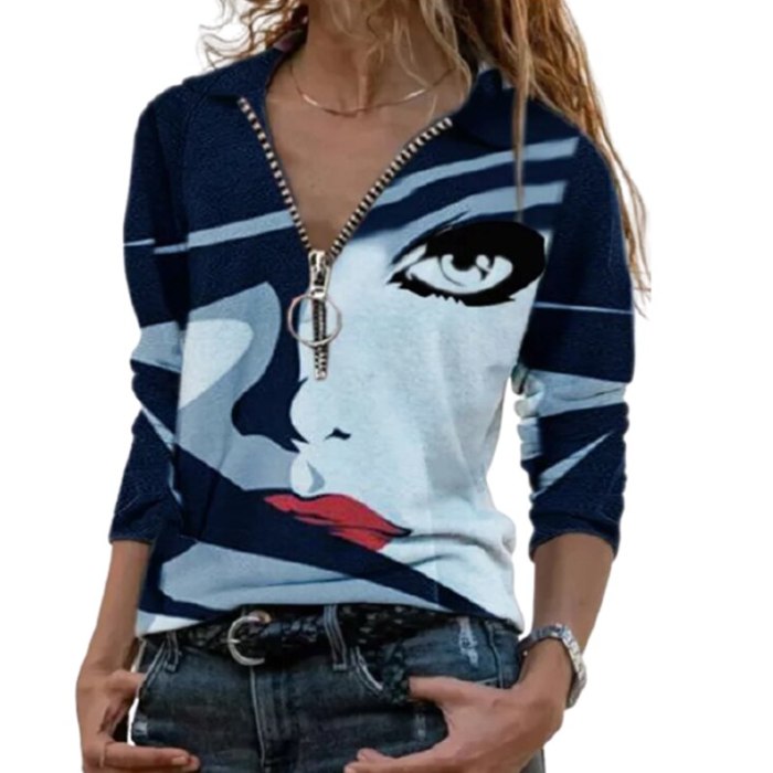 Vintage Zip T-shirt Women Autumn Casual V-Neck Long Sleeve Tops