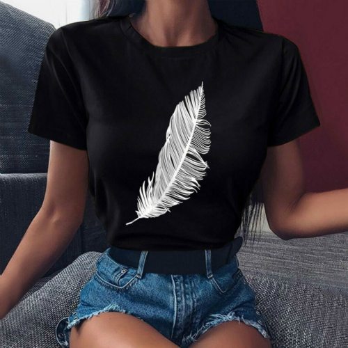 Feather Print Loose O-neck Short Sleeve Elastic Stretched New T-shirts