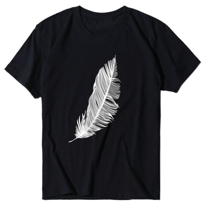 Feather Print Loose O-neck Short Sleeve Elastic Stretched New T-shirts