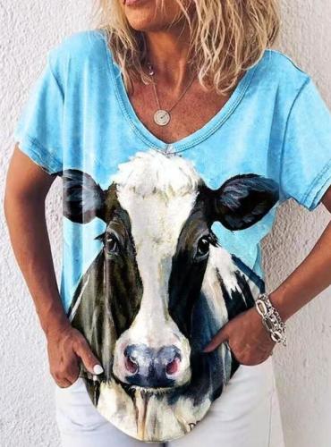Summer new short sleeve ox head print V-neck loose T-shirt