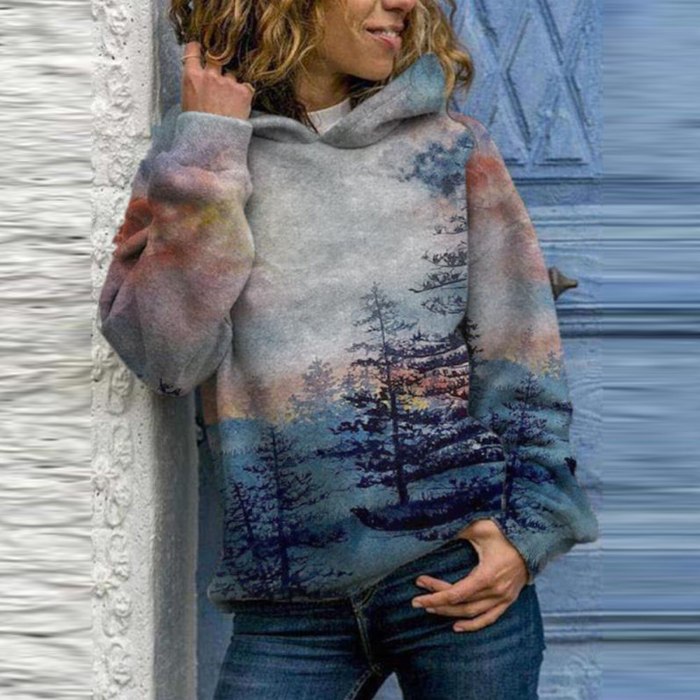 Women Hoodie Sweatshirts Winter Landscape Printing Long Sleeve Hooded Tops