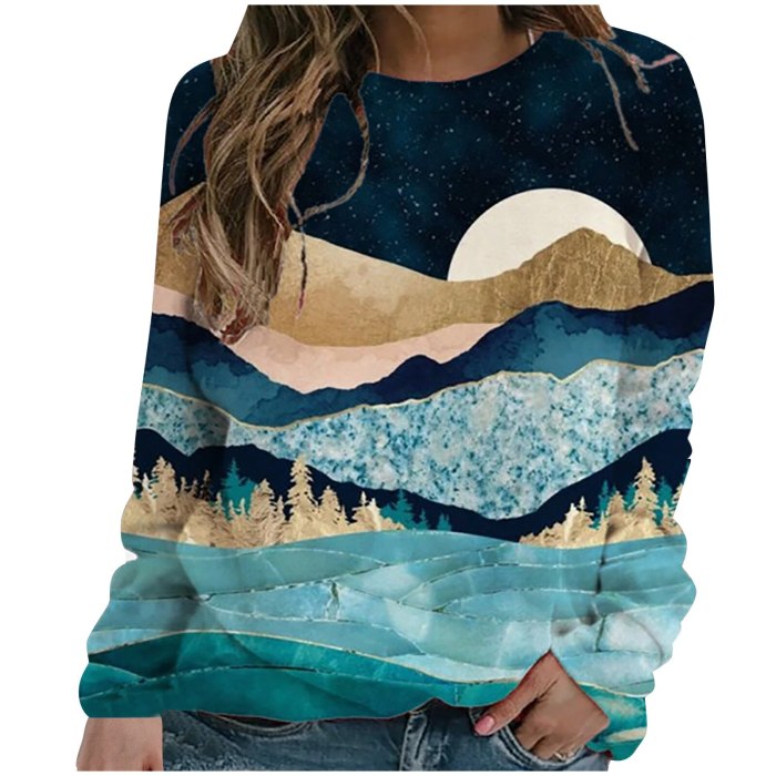 Ladies Landscape Print O-neck Long Sleeves Casual Loose Tops
