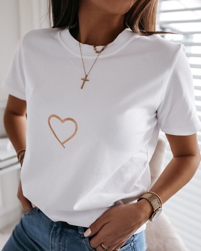 Women Fashion Heart Print Casual T-shirt