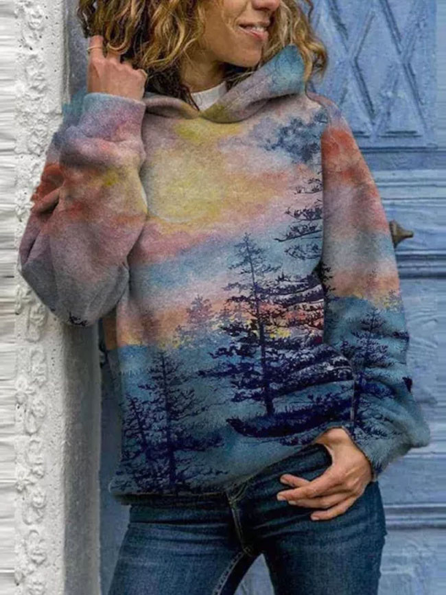 Women Hoodie Sweatshirts Winter Landscape Printing Long Sleeve Hooded Tops