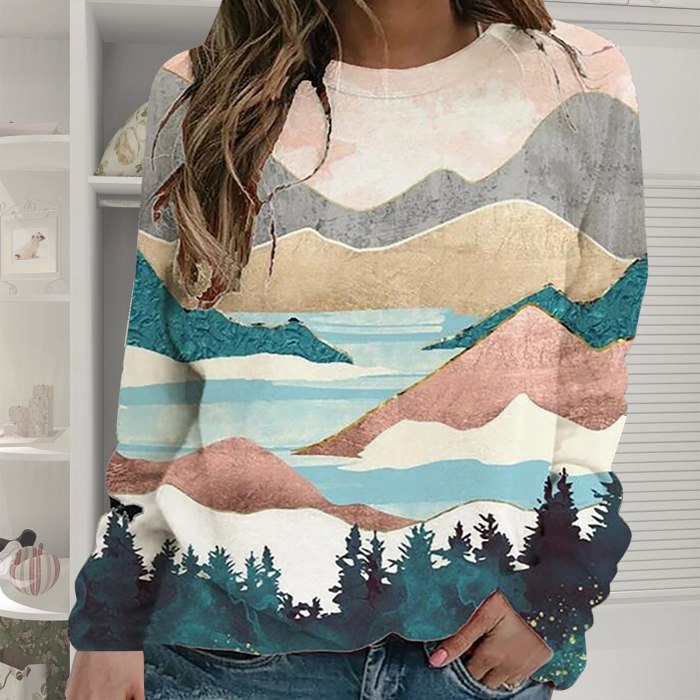 Ladies Landscape Print O-neck Long Sleeves Casual Loose Tops