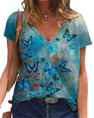 Landscape Butterfly Print Tops Casual  V-Neck Short Sleeve T-shirt
