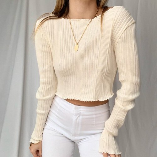 Women Soft Solid Color Knitted Basic T-shirt Long Sleeve Ruffled Round Neck Casual Top