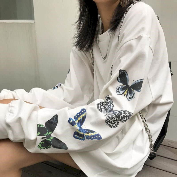 Autumn new butterfly print Korean student loose top