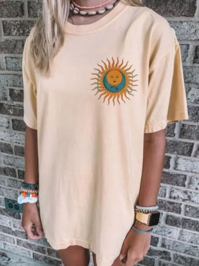 Harajuku Summer Short Sleeve Sun Moon Printed T-Shirt Retro 90s Tops