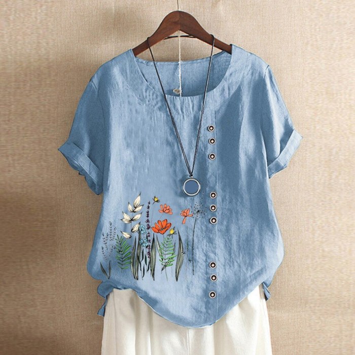 Women Vintage Flowers Print O-neck Casual T-shirts