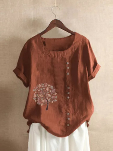 Women Retro Cotton And Linen Embroidered Loose Casual Tops