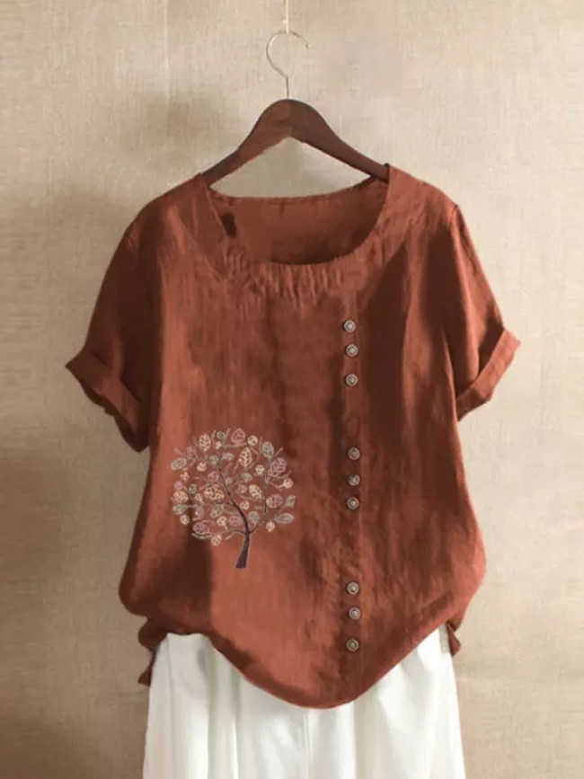 Women Retro Cotton And Linen Embroidered Loose T-shirts