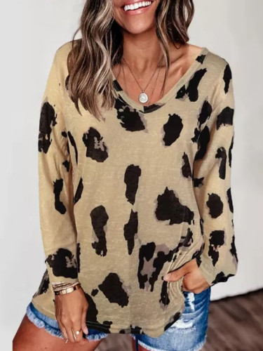 Leopard V-Neck Woman Clothes Fall New T Shirts for Women T-shirts graphic Tops
