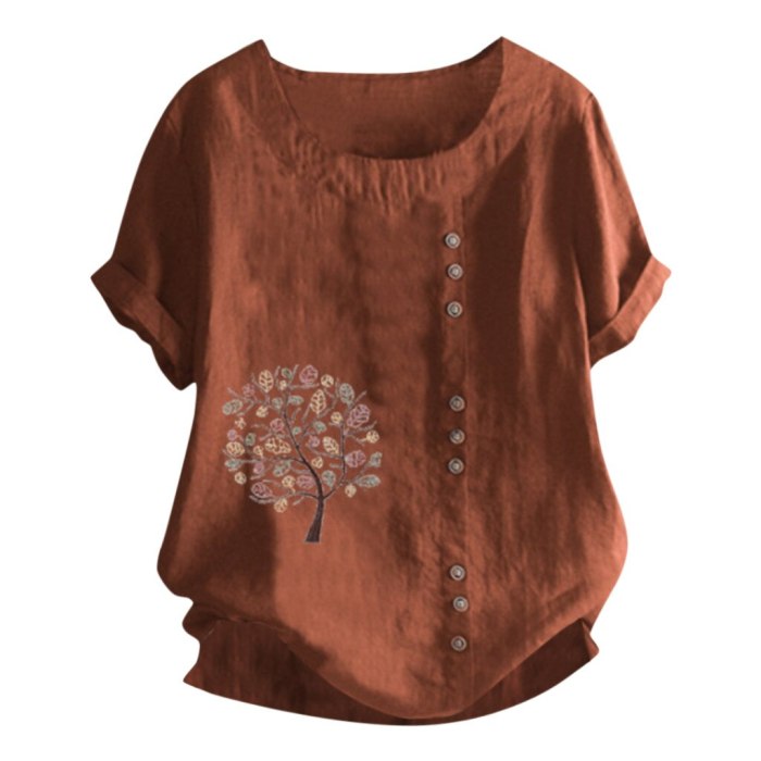 Women Retro Cotton And Linen Embroidered Loose T-shirts