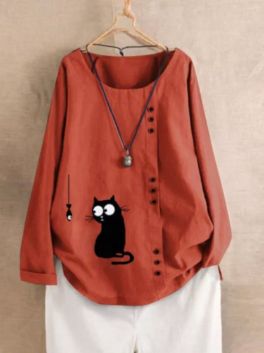 Women Long Sleeve Cotton Linen Ladies Baggy Cat Print T-shirt Tops