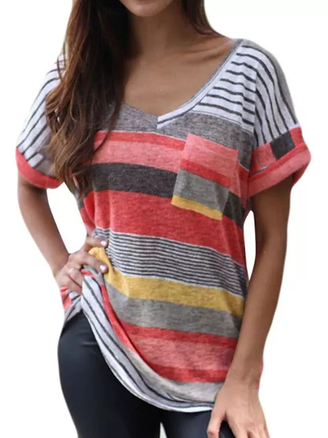 Fashion V-neck Stripe Print Short Sleeve Tops Pocket T-Shirt