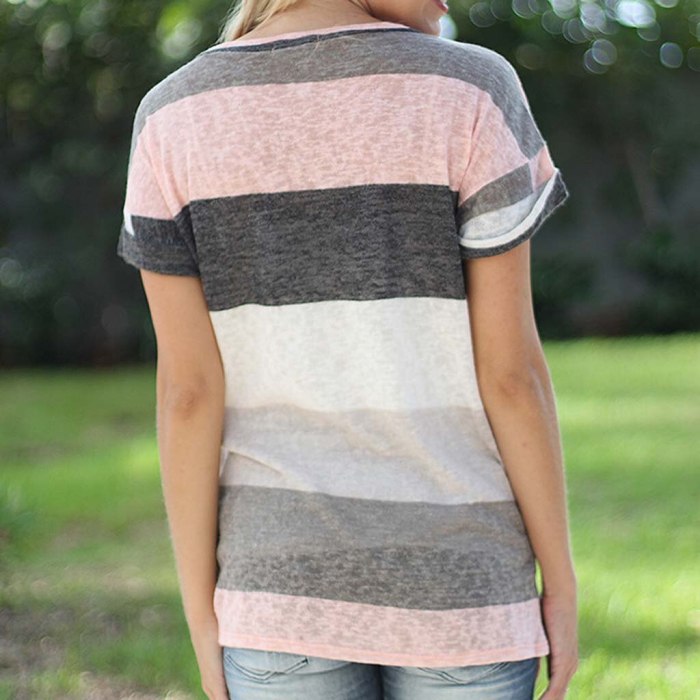 Fashion V-neck Stripe Print Short Sleeve Tops Pocket T-Shirt