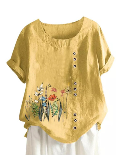 Women Vintage Flowers Print O-neck Casual Buttons Tops