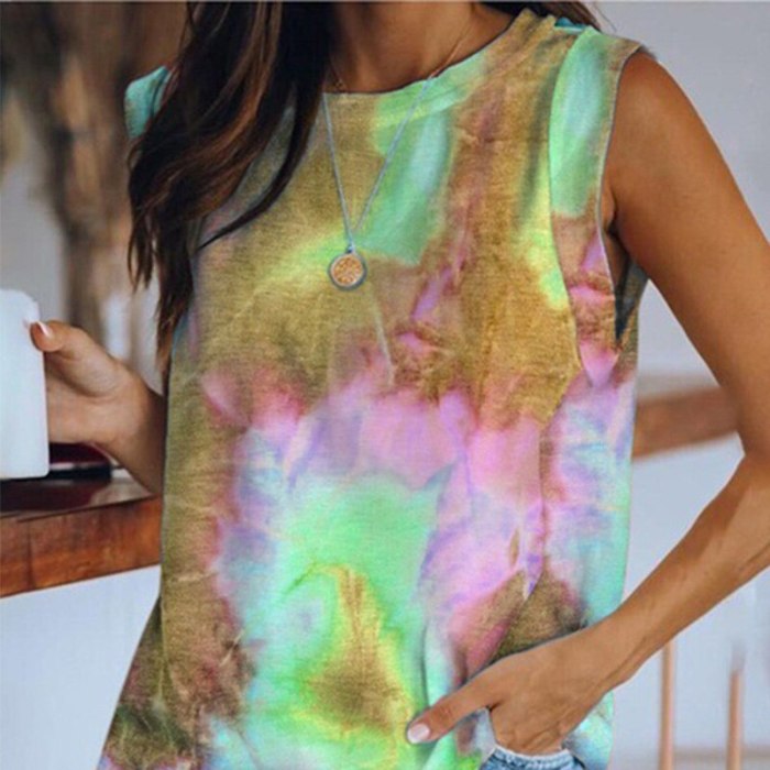 Summer Tie Dye Sleeveless O-Neck Loose Casual T-shirts