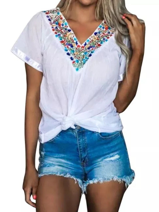 Summer New Chic Floral Prints V-neck Casual Short-sleeved T Shirt