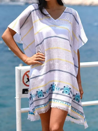 Summer Women Beach Short Sleeve V Neck Sexy Holiday Print Dress