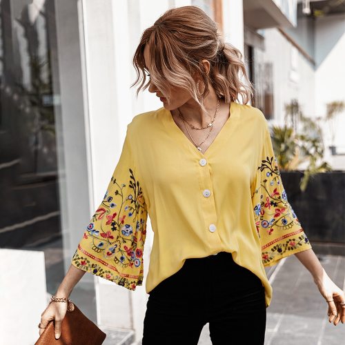 Fashion Flare Sleeve Casual Cotton Embroidery Solid Short Sleeve V-neck Shirt Tops