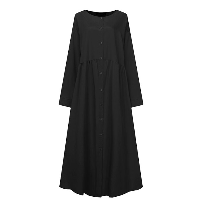 Women Vintage Shirt Sundress Fashion Maxi Dress Long Sleeve O-neck Casual