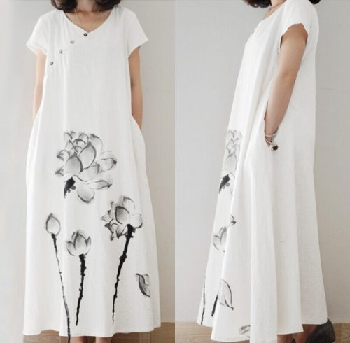 Elegant Printed Maxi Dress Women's Summer Casual Short Sleeve Button Robe