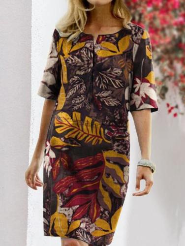 New ethnic style printed V-neck three-quarter sleeve cotton and linen dress