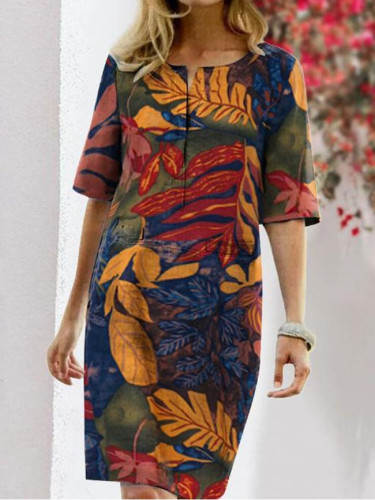 New ethnic style printed V-neck three-quarter sleeve cotton and linen dress