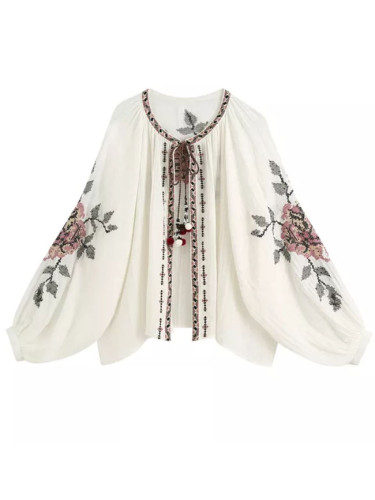 Floral Embroidery Long Sleeve Beige Cotton Loose Blouse