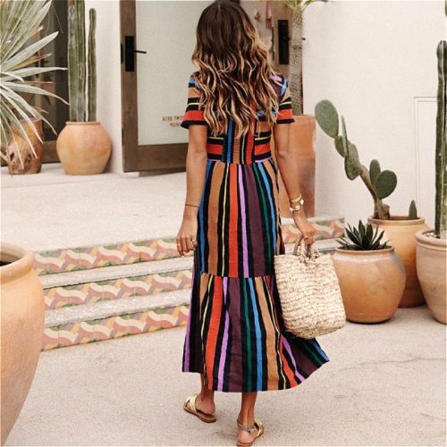 Rainbow Striped Polyester Long Dresses Summer Shirred Beach
