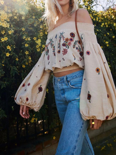 Short Boho blouse floral Embroidery sexy off shoulder summer blouse long sleeve