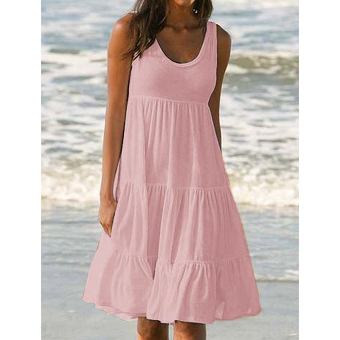 Womens Holiday Summer Solid Sleeveless Party Beach Dress