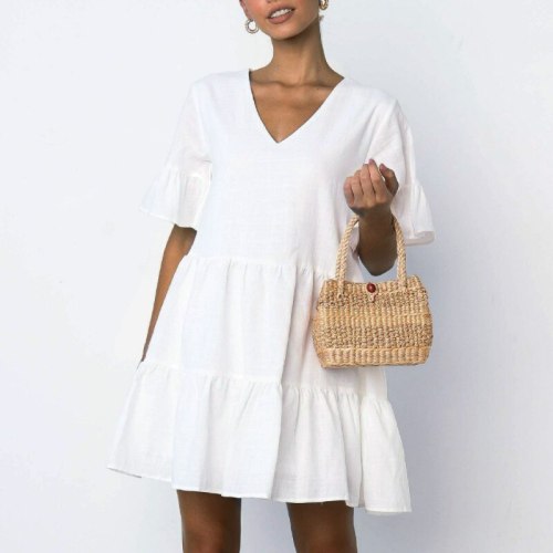 Beachwear Short Sleeve White Ruffled A-line Mini Dress Women Dress Sexy Dress