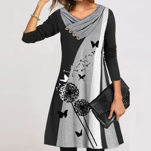 Elegant Dresses For Women's Loose Print Stitching Button Double-layer Collar Long-sleeved Dress