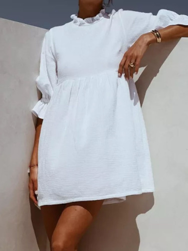 Women Ruffles Elastic Waist Loose Straight White Mini Dresses Half Sleeve Shirt Dress