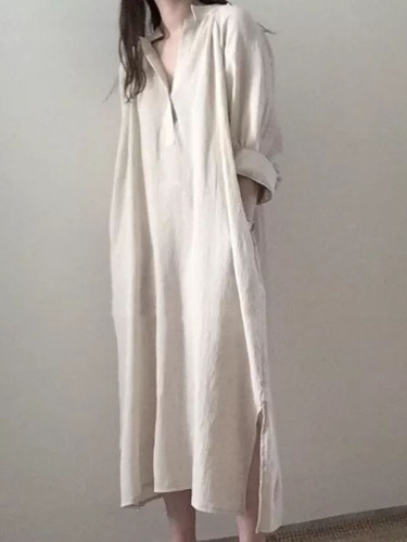 Soft Cozy Cotton Linen Wrinkled Autumn Dress V-neck Vintage Shirt Long Dress