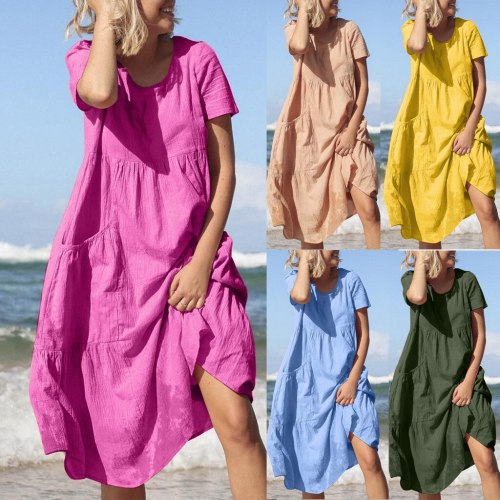 Women O-Neck Short Sleeve Pockets Cotton Linen Loose Beach Casual Dress