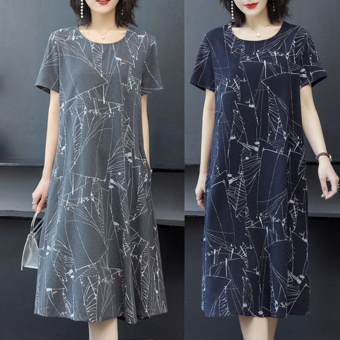 Fashion Casual Women O-Neck Short Sleeve Long Dress Ladies Printed Loose Dress