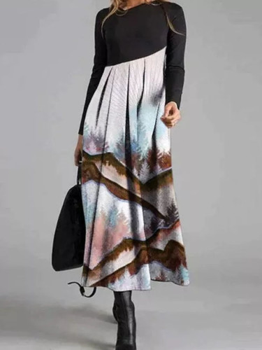 V-Neck Women Spring Autumn Long Sleeve Fashion Dress Chic Printing Midi Dress