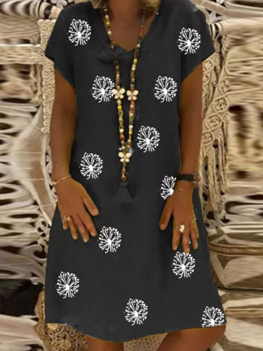 Women Cotton Linen Dress Casual Floral Printed V-neck Short Sleeve Dress