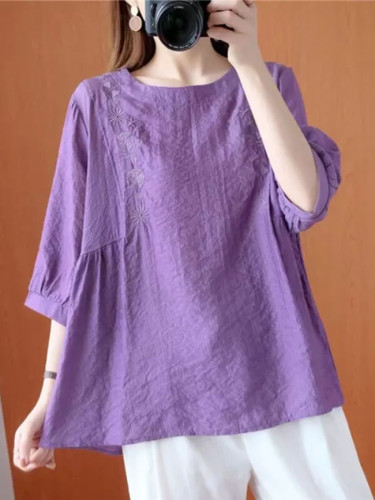 Summer Casual T-shirts New Simple Vintage Embroidery Half Sleeve Loose Cotton Linen Tops