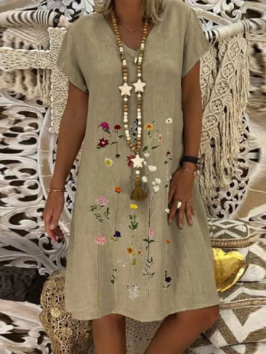 Fashion Women Cotton Linen Dress Embroidered Short Sleeves V-neck Casual Short Dress