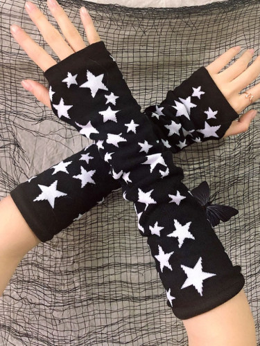Stars Black Long Gloves Women Half Finger Length Sleeve Knitting Mittens